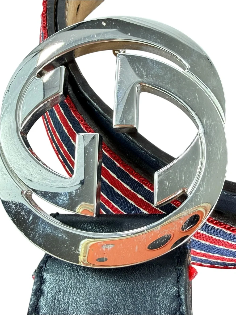 Gucci Red, Navy & White Striped Web Belt Bag with Silver GG Buckle - Picture 3 of 16